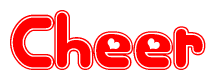 The image is a red and white graphic with the word Cheer written in a decorative script. Each letter in  is contained within its own outlined bubble-like shape. Inside each letter, there is a white heart symbol.