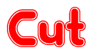 The image is a red and white graphic with the word Cut written in a decorative script. Each letter in  is contained within its own outlined bubble-like shape. Inside each letter, there is a white heart symbol.