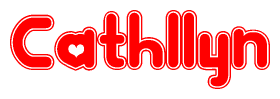 The image is a red and white graphic with the word Cathllyn written in a decorative script. Each letter in  is contained within its own outlined bubble-like shape. Inside each letter, there is a white heart symbol.
