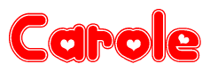 The image is a red and white graphic with the word Carole written in a decorative script. Each letter in  is contained within its own outlined bubble-like shape. Inside each letter, there is a white heart symbol.