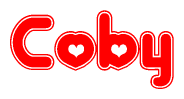 The image is a clipart featuring the word Coby written in a stylized font with a heart shape replacing inserted into the center of each letter. The color scheme of the text and hearts is red with a light outline.