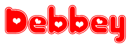 The image is a clipart featuring the word Debbey written in a stylized font with a heart shape replacing inserted into the center of each letter. The color scheme of the text and hearts is red with a light outline.