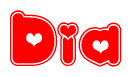 The image is a red and white graphic with the word Dia written in a decorative script. Each letter in  is contained within its own outlined bubble-like shape. Inside each letter, there is a white heart symbol.