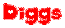 The image is a red and white graphic with the word Diggs written in a decorative script. Each letter in  is contained within its own outlined bubble-like shape. Inside each letter, there is a white heart symbol.
