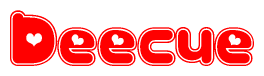 The image is a red and white graphic with the word Deecue written in a decorative script. Each letter in  is contained within its own outlined bubble-like shape. Inside each letter, there is a white heart symbol.