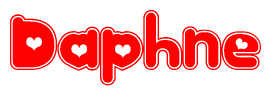 The image is a red and white graphic with the word Daphne written in a decorative script. Each letter in  is contained within its own outlined bubble-like shape. Inside each letter, there is a white heart symbol.