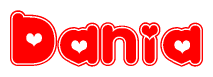 The image is a red and white graphic with the word Dania written in a decorative script. Each letter in  is contained within its own outlined bubble-like shape. Inside each letter, there is a white heart symbol.