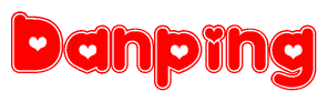 The image is a red and white graphic with the word Danping written in a decorative script. Each letter in  is contained within its own outlined bubble-like shape. Inside each letter, there is a white heart symbol.