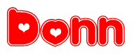 The image is a clipart featuring the word Donn written in a stylized font with a heart shape replacing inserted into the center of each letter. The color scheme of the text and hearts is red with a light outline.