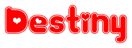 The image is a red and white graphic with the word Destiny written in a decorative script. Each letter in  is contained within its own outlined bubble-like shape. Inside each letter, there is a white heart symbol.