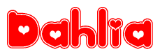 The image displays the word Dahlia written in a stylized red font with hearts inside the letters.