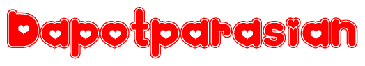 The image is a red and white graphic with the word Dapotparasian written in a decorative script. Each letter in  is contained within its own outlined bubble-like shape. Inside each letter, there is a white heart symbol.