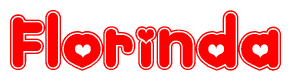 The image is a clipart featuring the word Florinda written in a stylized font with a heart shape replacing inserted into the center of each letter. The color scheme of the text and hearts is red with a light outline.