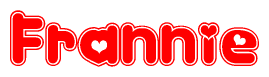 The image is a red and white graphic with the word Frannie written in a decorative script. Each letter in  is contained within its own outlined bubble-like shape. Inside each letter, there is a white heart symbol.