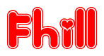 The image is a clipart featuring the word Fhill written in a stylized font with a heart shape replacing inserted into the center of each letter. The color scheme of the text and hearts is red with a light outline.