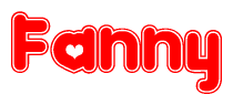 The image is a red and white graphic with the word Fanny written in a decorative script. Each letter in  is contained within its own outlined bubble-like shape. Inside each letter, there is a white heart symbol.