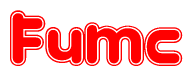 The image is a red and white graphic with the word Fumc written in a decorative script. Each letter in  is contained within its own outlined bubble-like shape. Inside each letter, there is a white heart symbol.