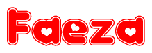 The image is a clipart featuring the word Faeza written in a stylized font with a heart shape replacing inserted into the center of each letter. The color scheme of the text and hearts is red with a light outline.