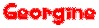 The image is a red and white graphic with the word Georgine written in a decorative script. Each letter in  is contained within its own outlined bubble-like shape. Inside each letter, there is a white heart symbol.