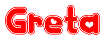 The image is a red and white graphic with the word Greta written in a decorative script. Each letter in  is contained within its own outlined bubble-like shape. Inside each letter, there is a white heart symbol.