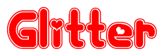 The image is a red and white graphic with the word Glitter written in a decorative script. Each letter in  is contained within its own outlined bubble-like shape. Inside each letter, there is a white heart symbol.