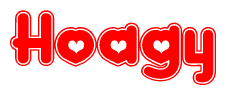 The image is a red and white graphic with the word Hoagy written in a decorative script. Each letter in  is contained within its own outlined bubble-like shape. Inside each letter, there is a white heart symbol.