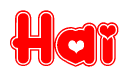 The image is a red and white graphic with the word Hai written in a decorative script. Each letter in  is contained within its own outlined bubble-like shape. Inside each letter, there is a white heart symbol.