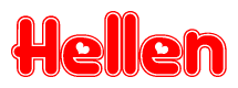 The image is a red and white graphic with the word Hellen written in a decorative script. Each letter in  is contained within its own outlined bubble-like shape. Inside each letter, there is a white heart symbol.