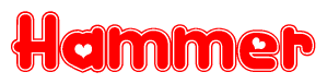The image is a clipart featuring the word Hammer written in a stylized font with a heart shape replacing inserted into the center of each letter. The color scheme of the text and hearts is red with a light outline.