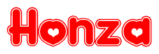 The image is a clipart featuring the word Honza written in a stylized font with a heart shape replacing inserted into the center of each letter. The color scheme of the text and hearts is red with a light outline.