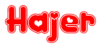 The image is a clipart featuring the word Hajer written in a stylized font with a heart shape replacing inserted into the center of each letter. The color scheme of the text and hearts is red with a light outline.