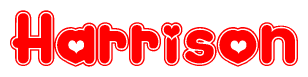 The image is a clipart featuring the word Harrison written in a stylized font with a heart shape replacing inserted into the center of each letter. The color scheme of the text and hearts is red with a light outline.
