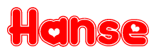 The image is a clipart featuring the word Hanse written in a stylized font with a heart shape replacing inserted into the center of each letter. The color scheme of the text and hearts is red with a light outline.