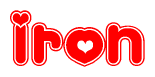 The image is a red and white graphic with the word Iron written in a decorative script. Each letter in  is contained within its own outlined bubble-like shape. Inside each letter, there is a white heart symbol.