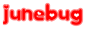 The image is a clipart featuring the word Junebug written in a stylized font with a heart shape replacing inserted into the center of each letter. The color scheme of the text and hearts is red with a light outline.