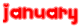 The image is a clipart featuring the word January written in a stylized font with a heart shape replacing inserted into the center of each letter. The color scheme of the text and hearts is red with a light outline.