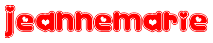 The image is a red and white graphic with the word Jeannemarie written in a decorative script. Each letter in  is contained within its own outlined bubble-like shape. Inside each letter, there is a white heart symbol.
