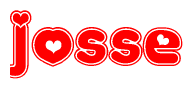 The image is a red and white graphic with the word Josse written in a decorative script. Each letter in  is contained within its own outlined bubble-like shape. Inside each letter, there is a white heart symbol.