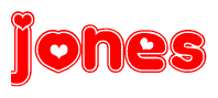 The image is a red and white graphic with the word Jones written in a decorative script. Each letter in  is contained within its own outlined bubble-like shape. Inside each letter, there is a white heart symbol.
