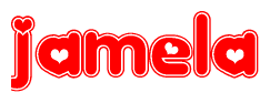 The image is a clipart featuring the word Jamela written in a stylized font with a heart shape replacing inserted into the center of each letter. The color scheme of the text and hearts is red with a light outline.