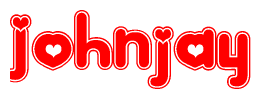 The image is a red and white graphic with the word Johnjay written in a decorative script. Each letter in  is contained within its own outlined bubble-like shape. Inside each letter, there is a white heart symbol.