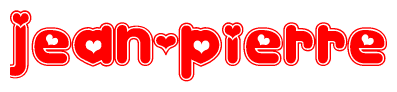 The image is a red and white graphic with the word Jean-pierre written in a decorative script. Each letter in  is contained within its own outlined bubble-like shape. Inside each letter, there is a white heart symbol.