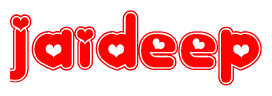The image is a red and white graphic with the word Jaideep written in a decorative script. Each letter in  is contained within its own outlined bubble-like shape. Inside each letter, there is a white heart symbol.