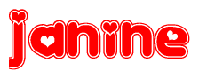 The image is a red and white graphic with the word Janine written in a decorative script. Each letter in  is contained within its own outlined bubble-like shape. Inside each letter, there is a white heart symbol.