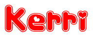 The image is a clipart featuring the word Kerri written in a stylized font with a heart shape replacing inserted into the center of each letter. The color scheme of the text and hearts is red with a light outline.