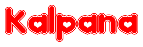The image is a clipart featuring the word Kalpana written in a stylized font with a heart shape replacing inserted into the center of each letter. The color scheme of the text and hearts is red with a light outline.