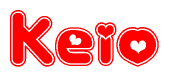 The image is a red and white graphic with the word Keio written in a decorative script. Each letter in  is contained within its own outlined bubble-like shape. Inside each letter, there is a white heart symbol.