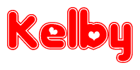 The image is a clipart featuring the word Kelby written in a stylized font with a heart shape replacing inserted into the center of each letter. The color scheme of the text and hearts is red with a light outline.