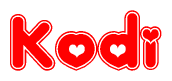 The image is a red and white graphic with the word Kodi written in a decorative script. Each letter in  is contained within its own outlined bubble-like shape. Inside each letter, there is a white heart symbol.