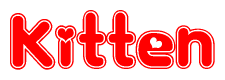 The image is a red and white graphic with the word Kitten written in a decorative script. Each letter in  is contained within its own outlined bubble-like shape. Inside each letter, there is a white heart symbol.